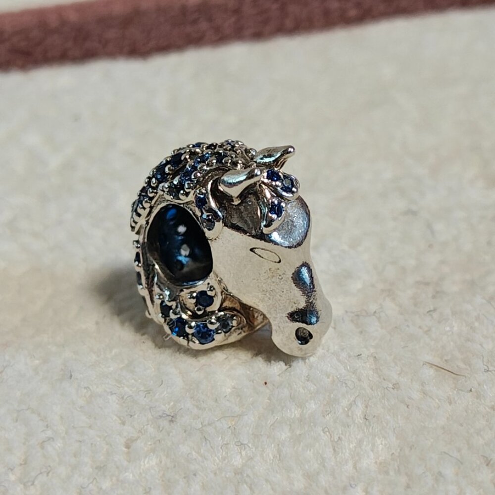 Disney & Pandora 925 Silver Horse Head Charm with Blue Stones